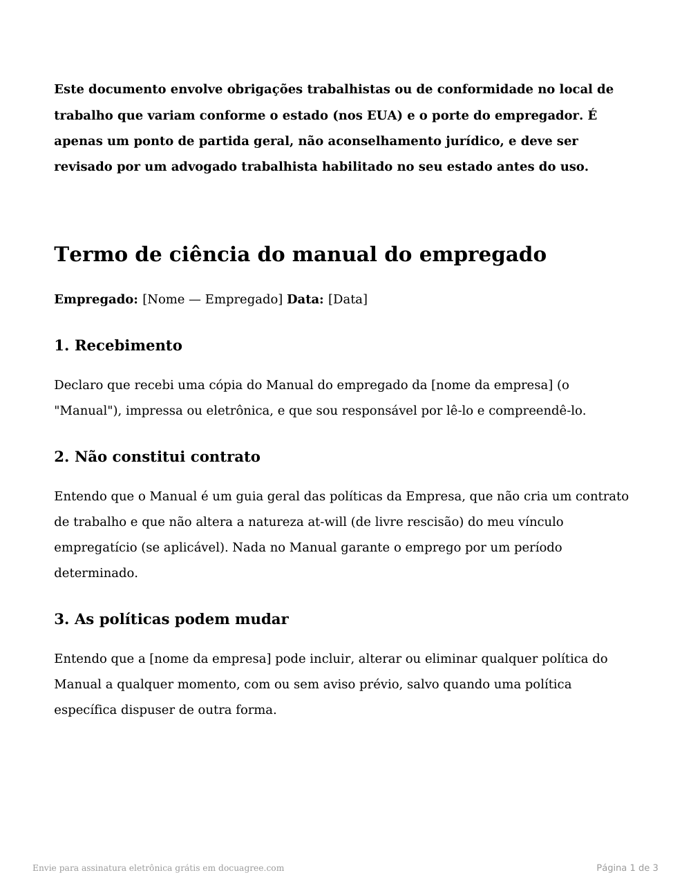 Prévia da primeira página do modelo Termo de ciência do manual do empregado
