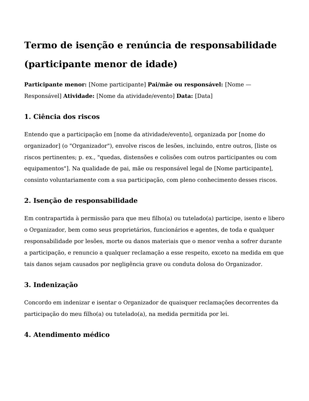 Prévia da primeira página do modelo Termo de isenção e renúncia de responsabilidade (menor, com responsável)