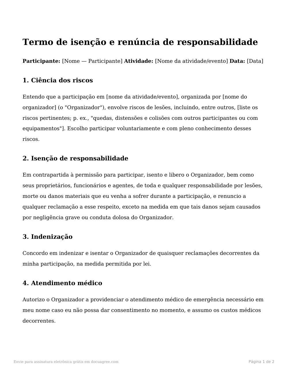 Prévia da primeira página do modelo Termo de isenção e renúncia de responsabilidade (adulto)