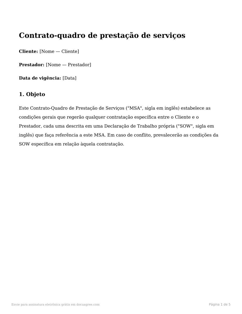 Prévia da primeira página do modelo Contrato-quadro de prestação de serviços (MSA)