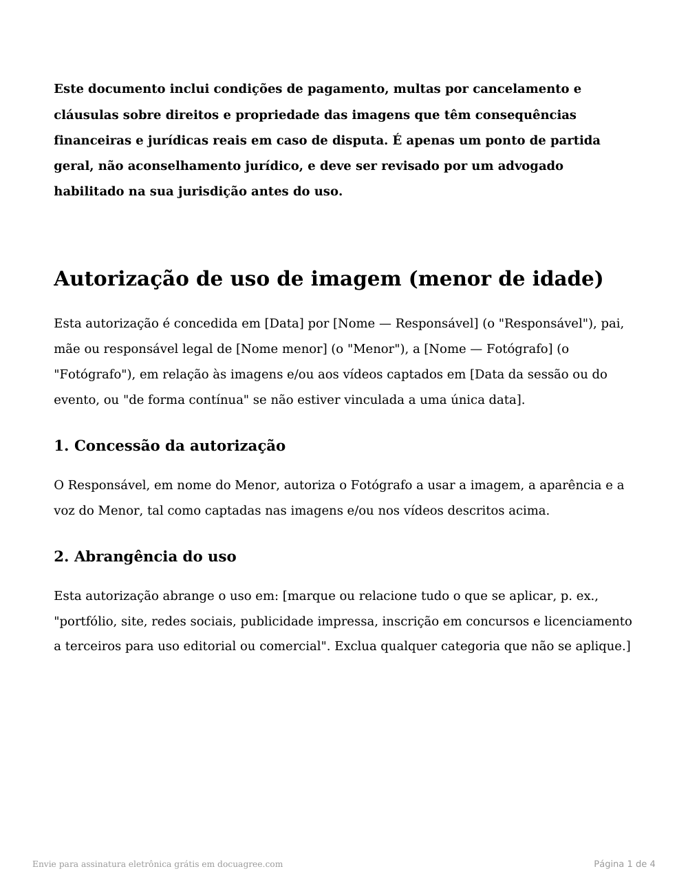 Prévia da primeira página do modelo Autorização de uso de imagem (menor, com responsável)