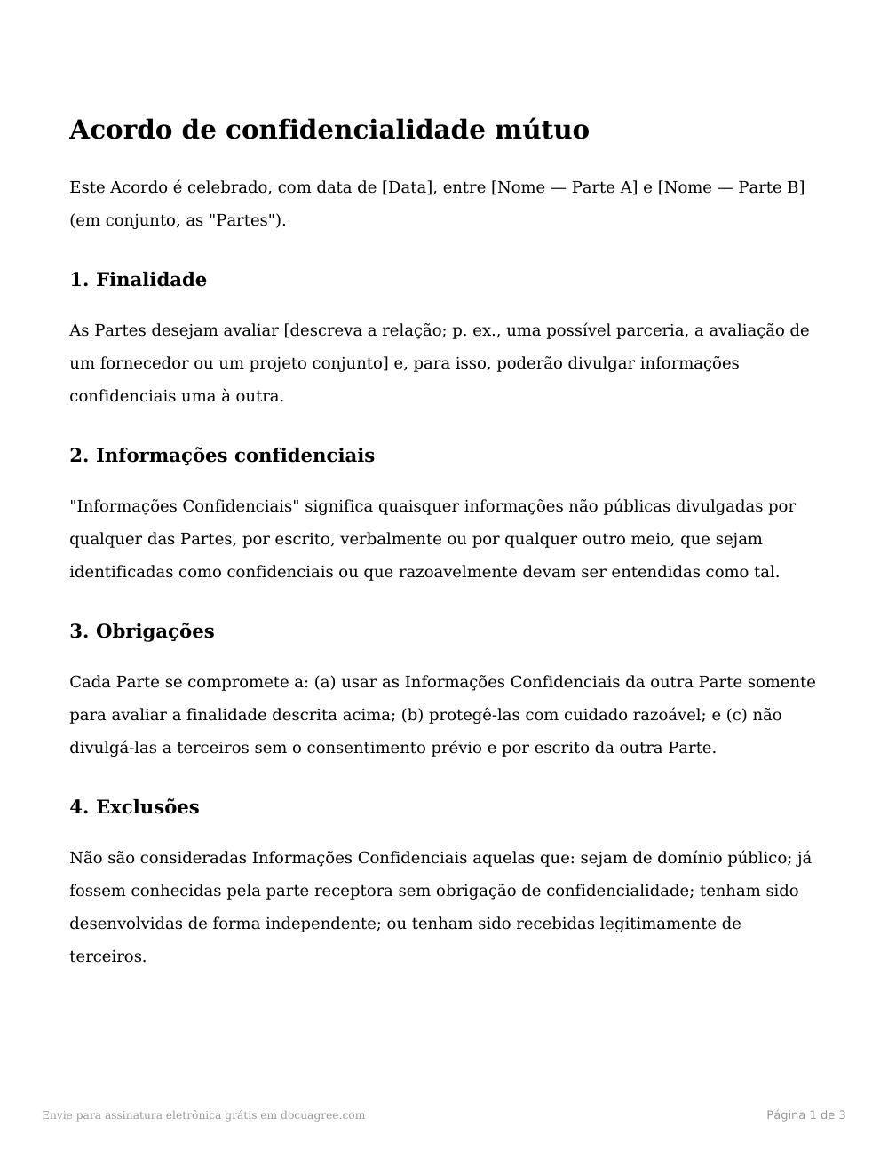 Prévia da primeira página do modelo Acordo de confidencialidade mútuo (NDA)