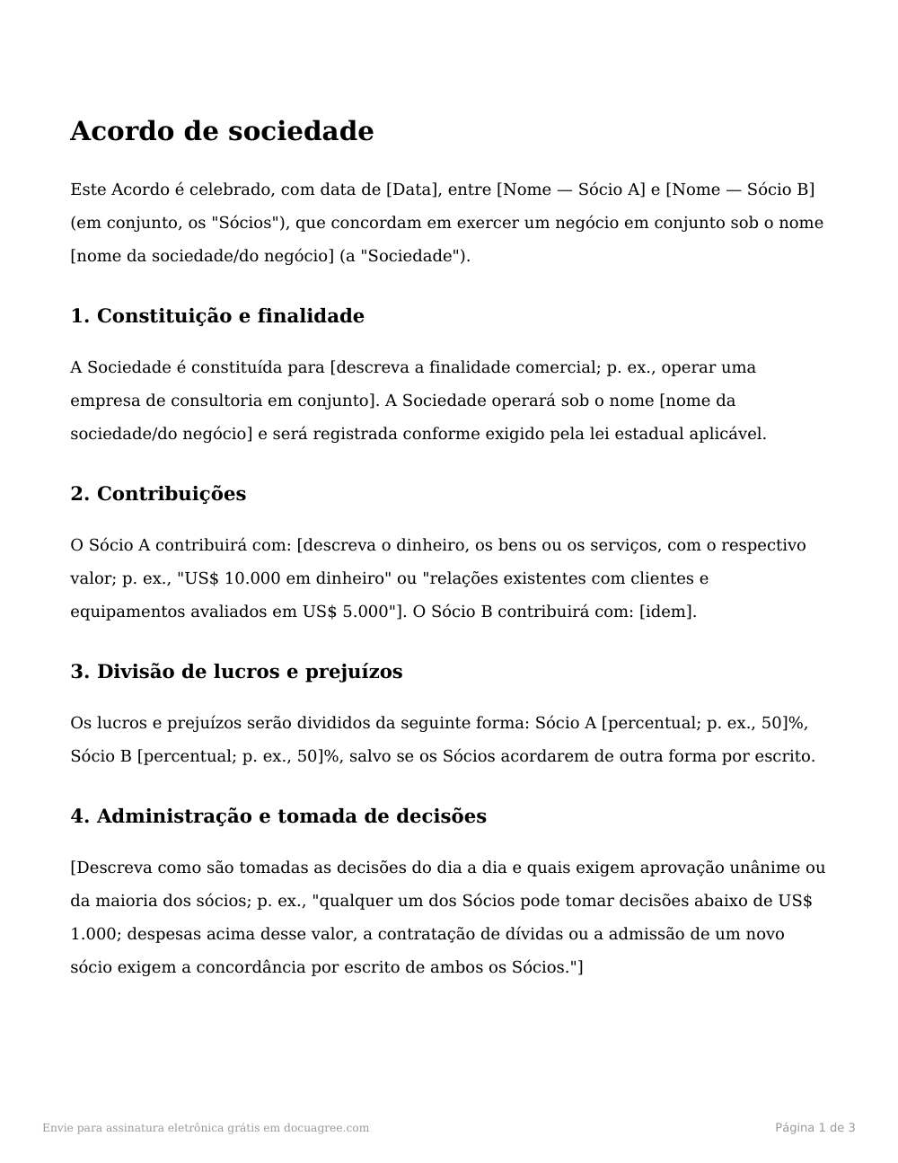 Prévia da primeira página do modelo Acordo de sociedade