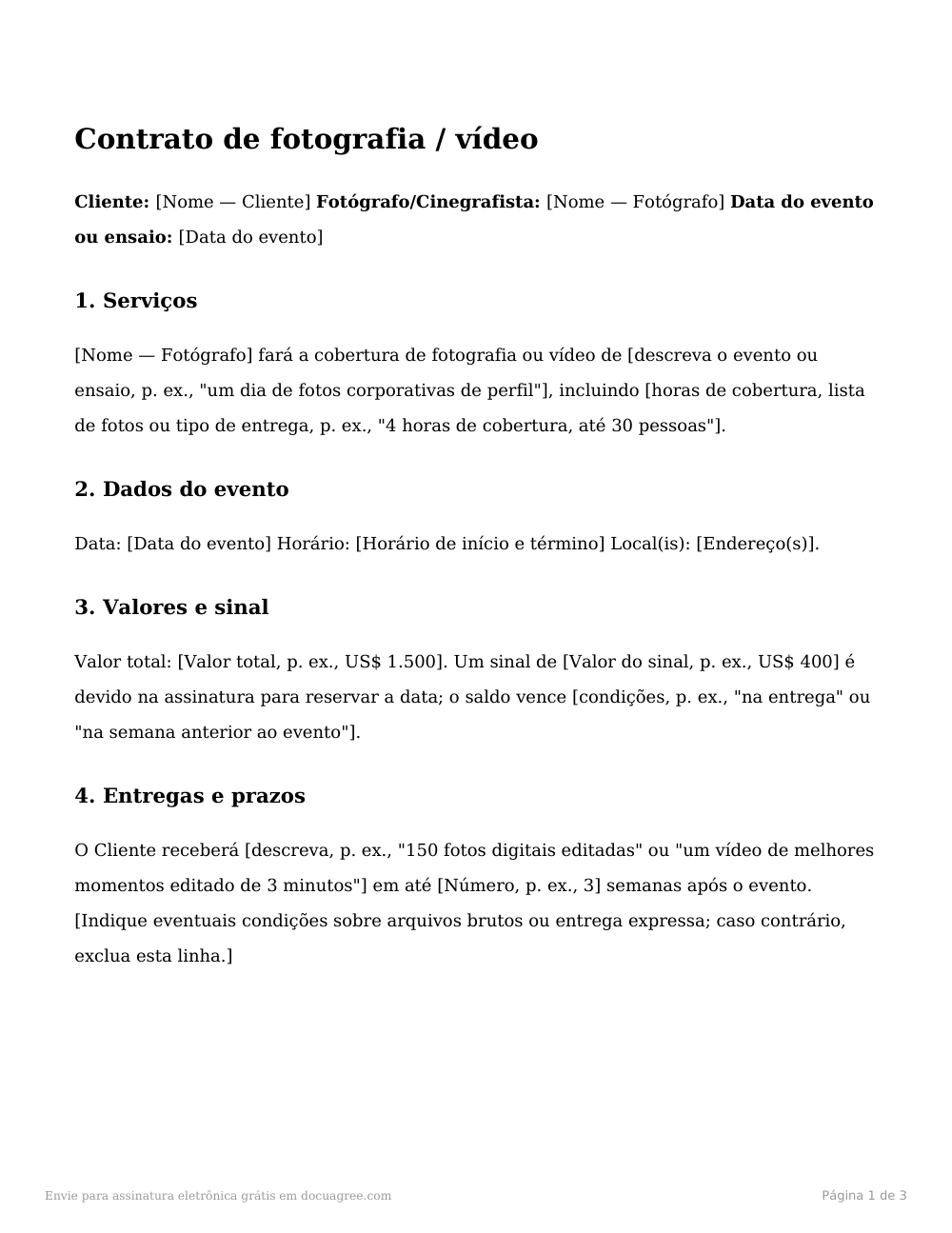 Prévia da primeira página do modelo Contrato de fotografia / vídeo
