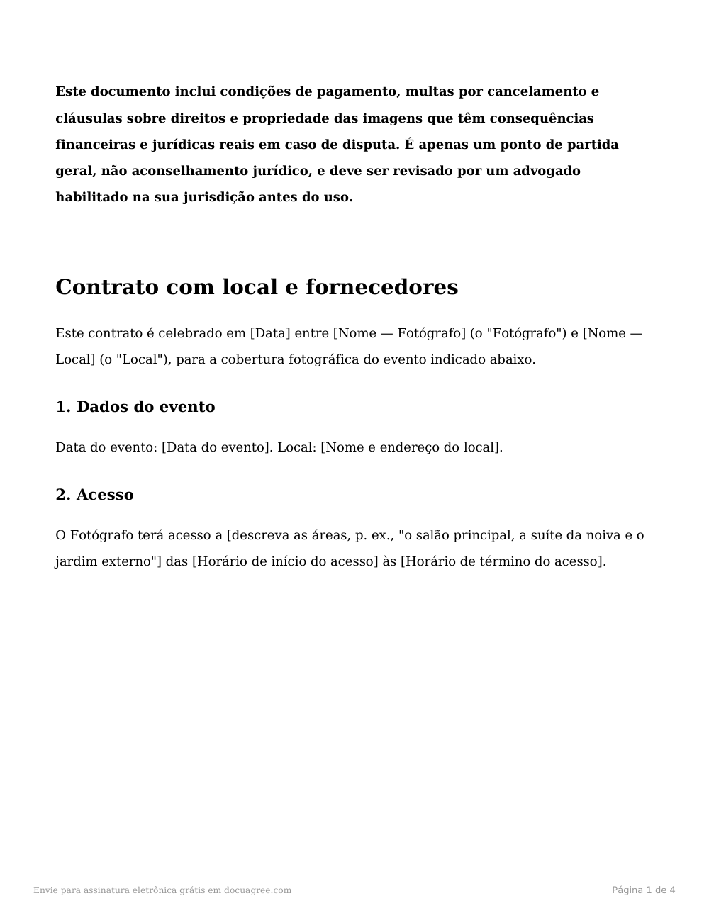 Prévia da primeira página do modelo Contrato com local e fornecedores