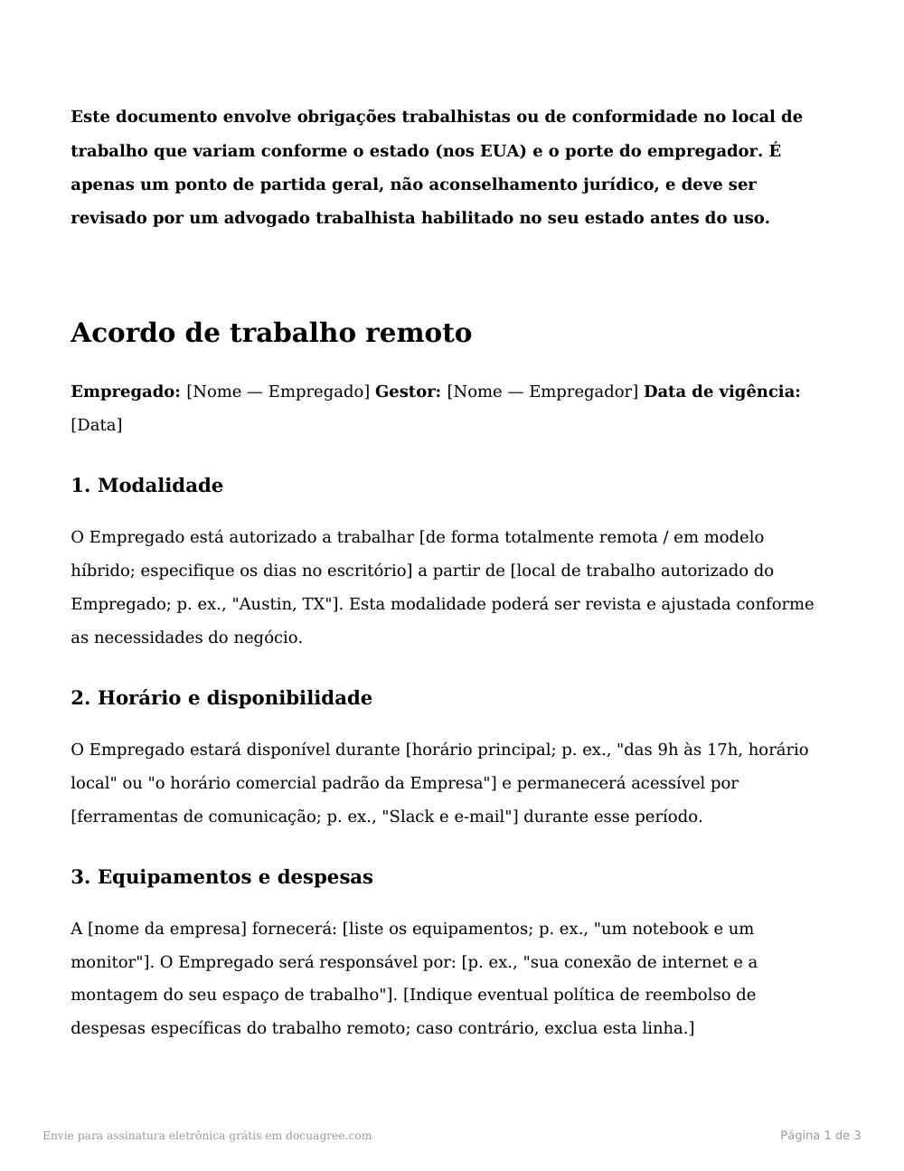 Prévia da primeira página do modelo Acordo de trabalho remoto