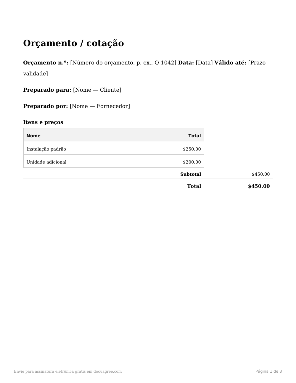 Prévia da primeira página do modelo Orçamento / cotação