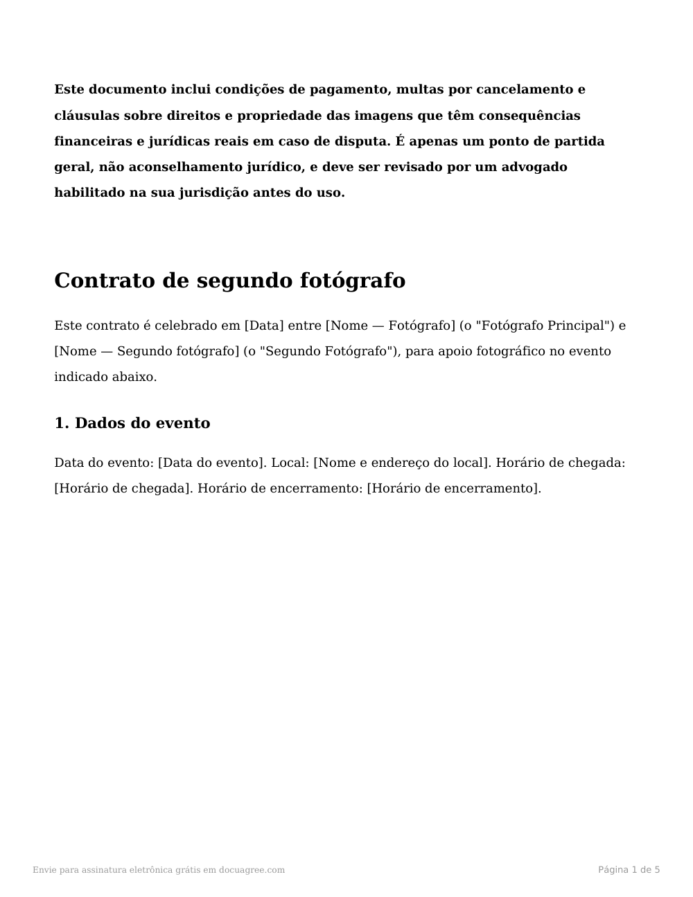 Prévia da primeira página do modelo Contrato de segundo fotógrafo