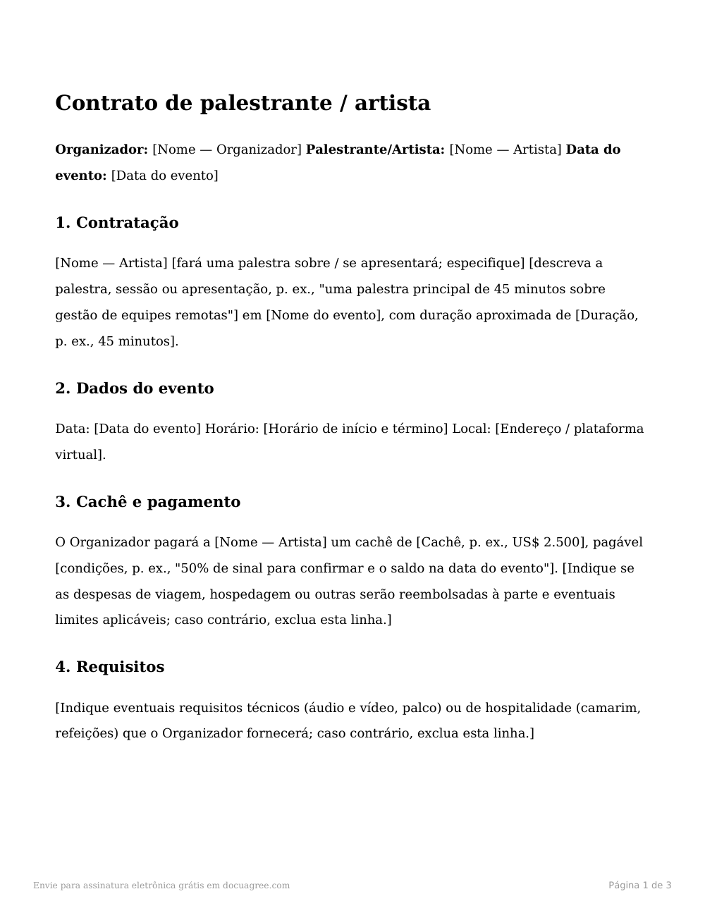 Prévia da primeira página do modelo Contrato de palestrante / artista