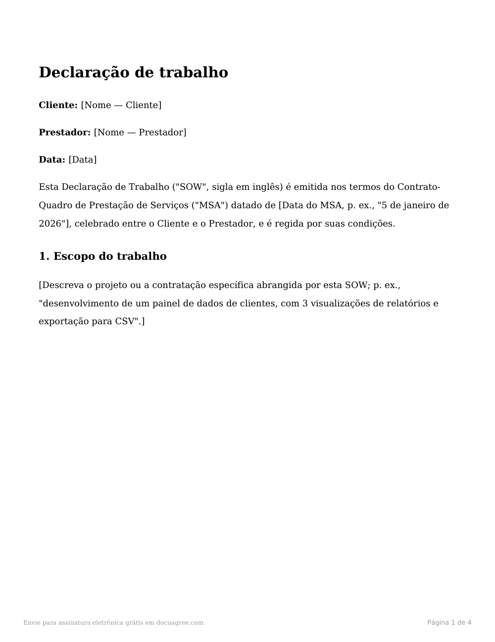 Prévia da primeira página do modelo Declaração de trabalho (SOW)