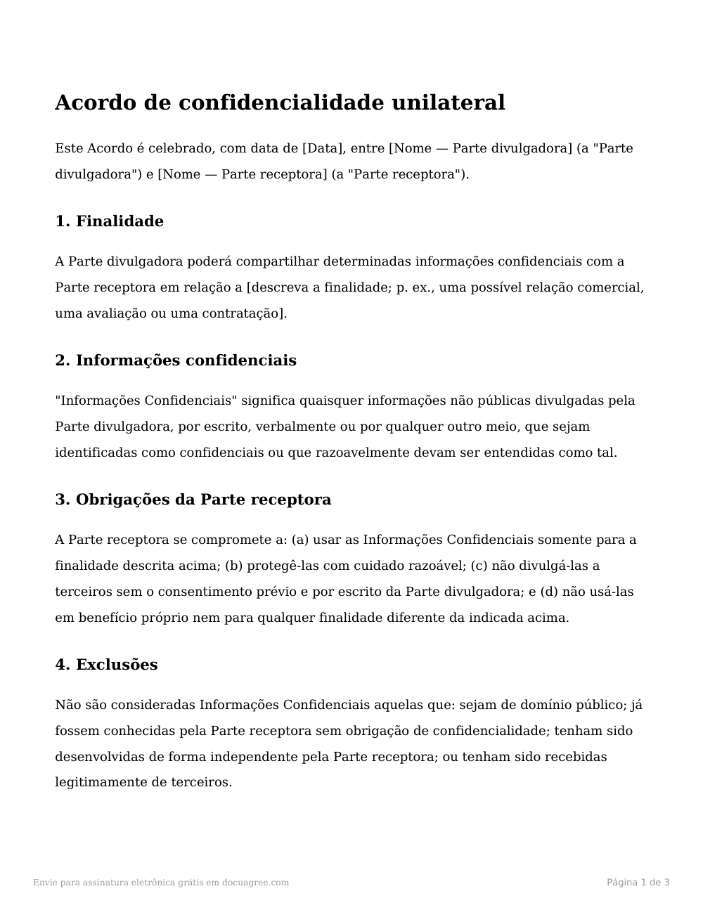 Prévia da primeira página do modelo Acordo de confidencialidade unilateral (NDA)