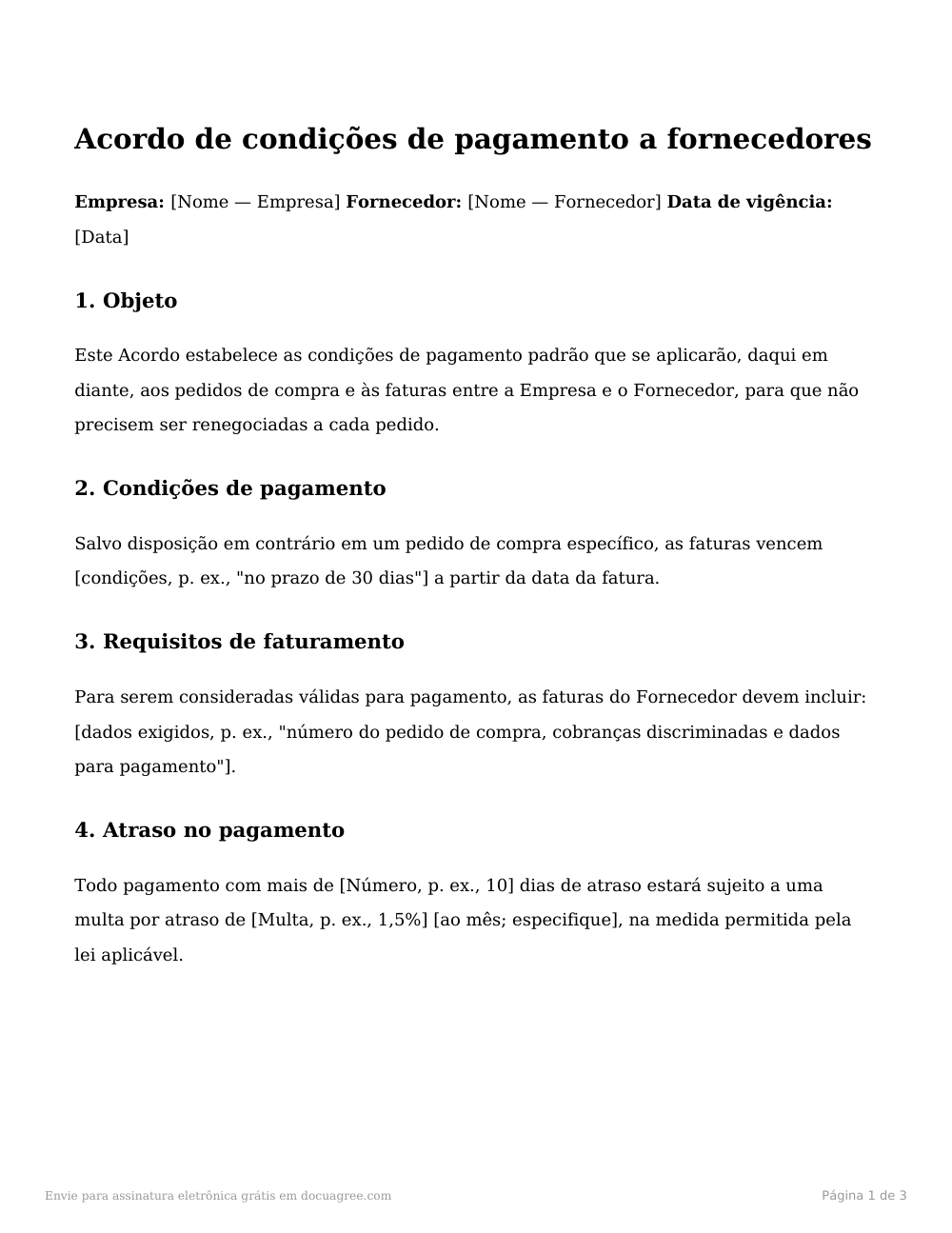 Prévia da primeira página do modelo Acordo de condições de pagamento a fornecedores