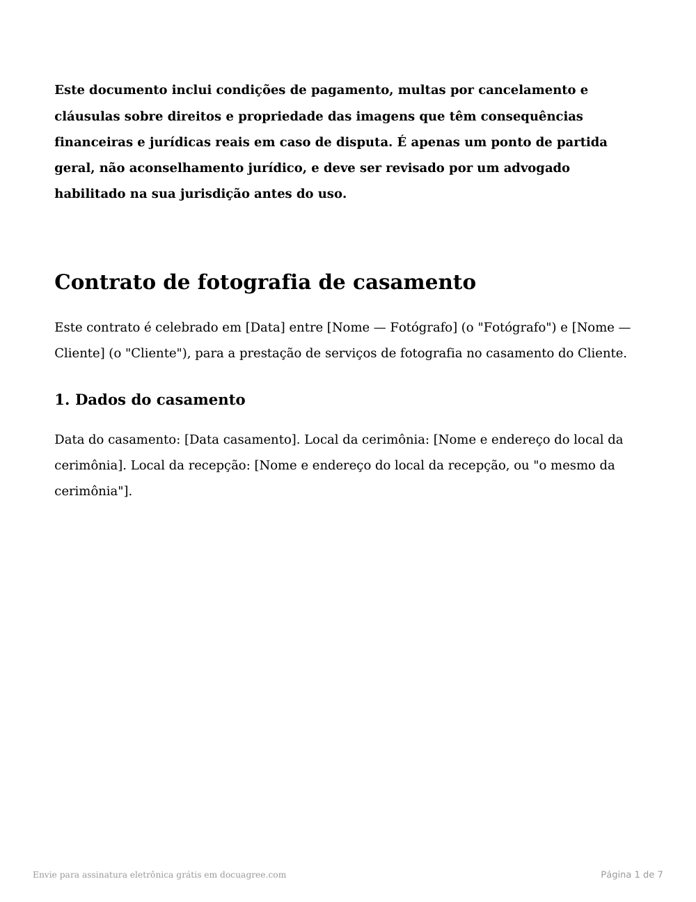 Prévia da primeira página do modelo Contrato de fotografia de casamento