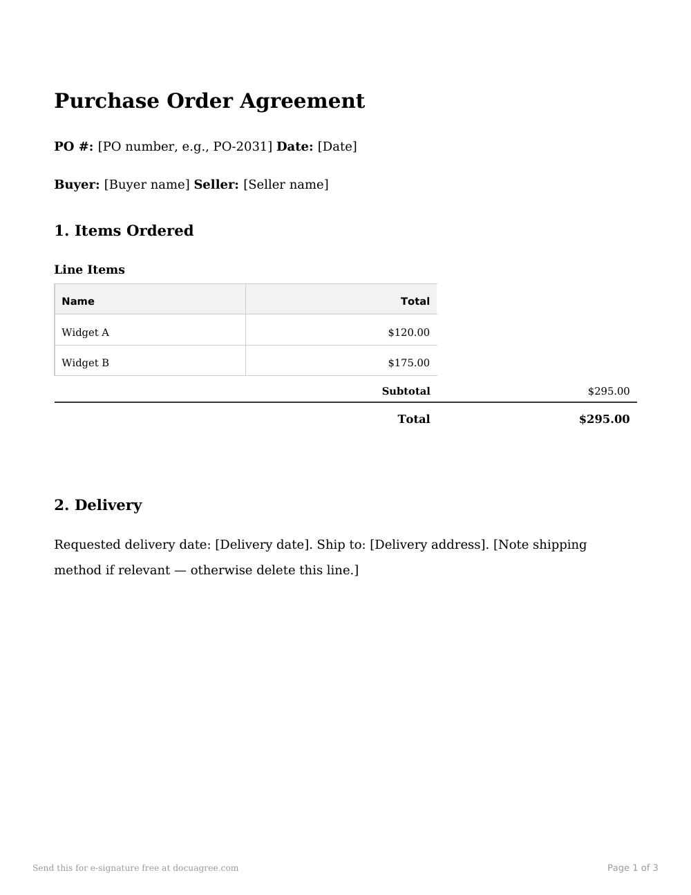 Preview of the first page of the Purchase order agreement template