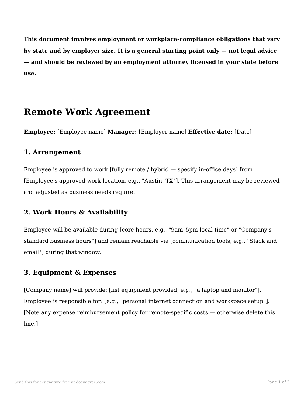 Preview of the first page of the Remote work agreement template