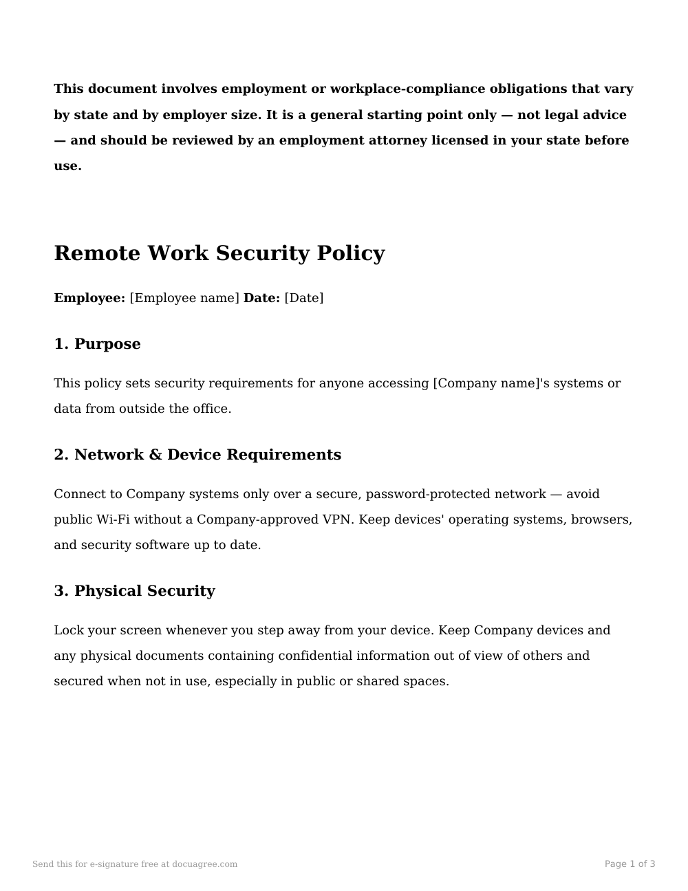 Preview of the first page of the Remote work security policy template