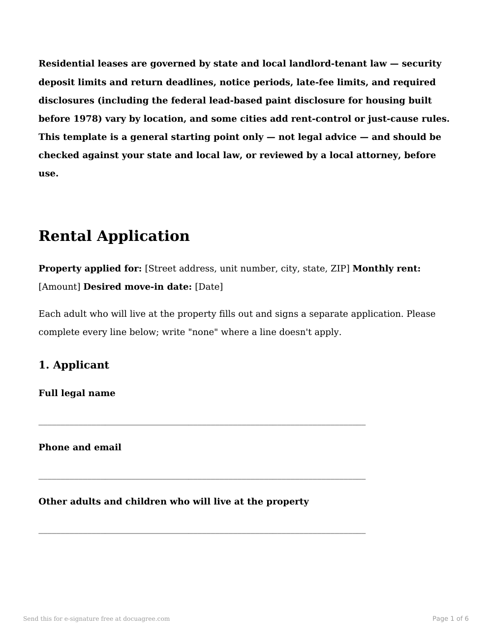 Preview of the first page of the Rental application template