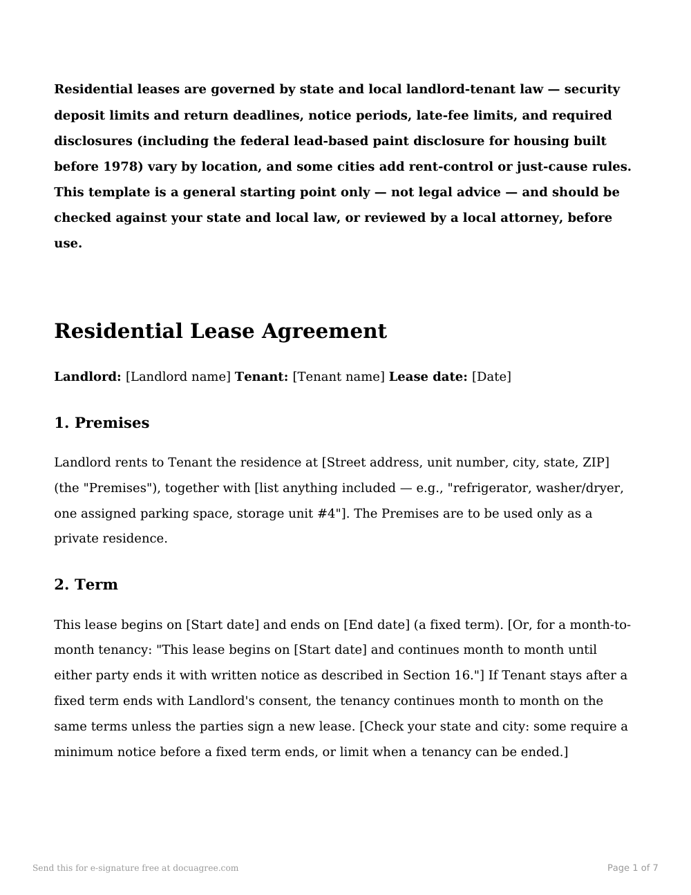 Preview of the first page of the Residential lease agreement template
