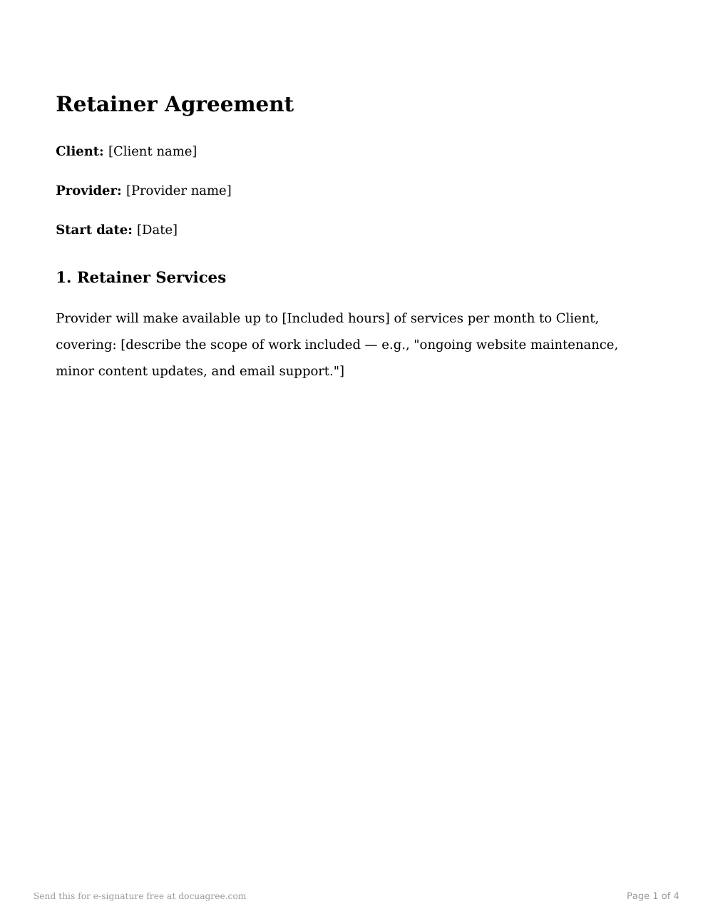 Preview of the first page of the Retainer agreement template
