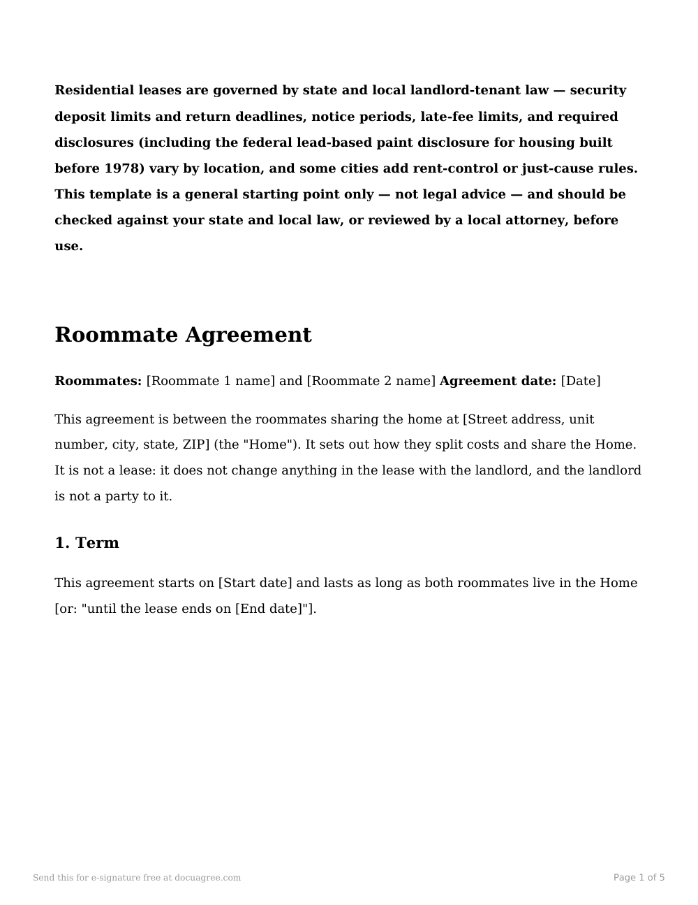 Preview of the first page of the Roommate agreement template