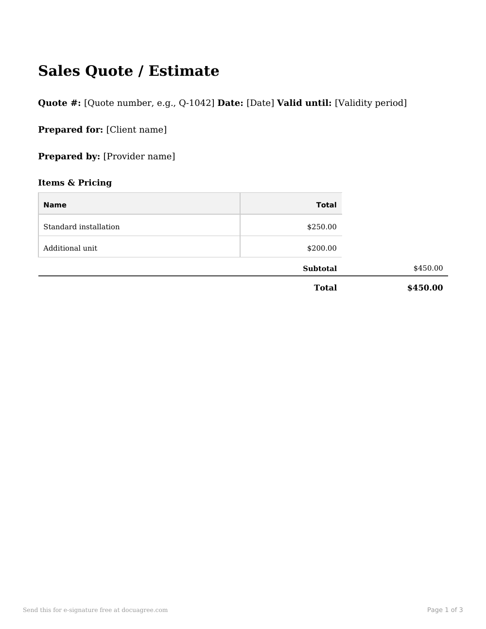 Preview of the first page of the Sales quote / estimate template