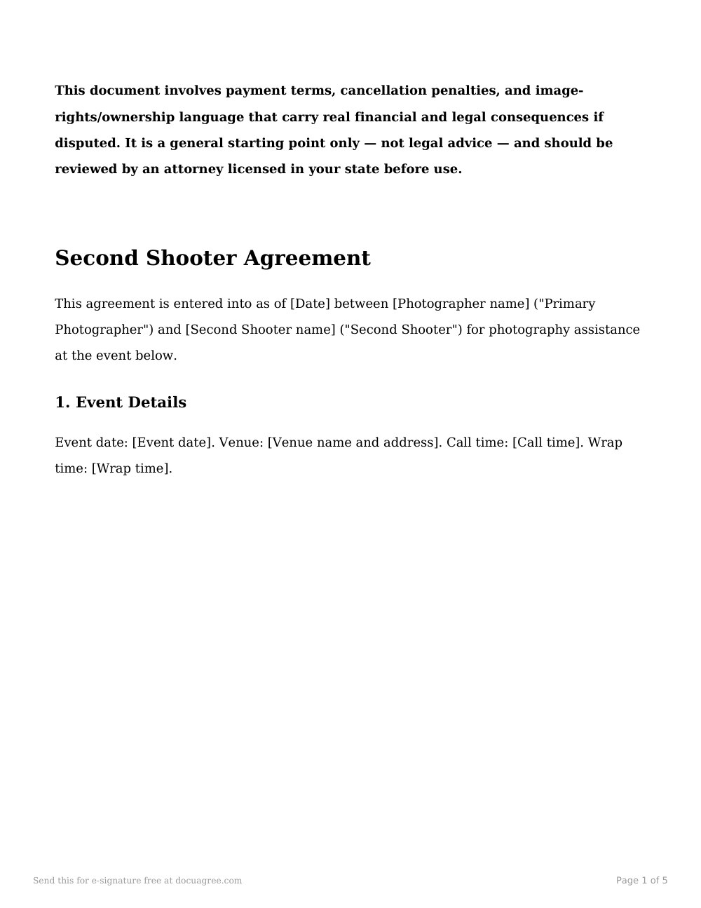 Preview of the first page of the Second shooter agreement template