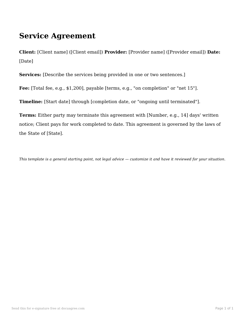 Preview of the first page of the Simple one-page service agreement template