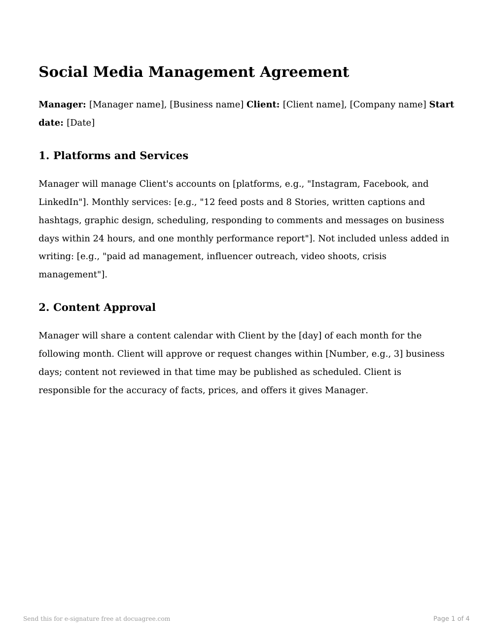 Preview of the first page of the Social media management agreement template