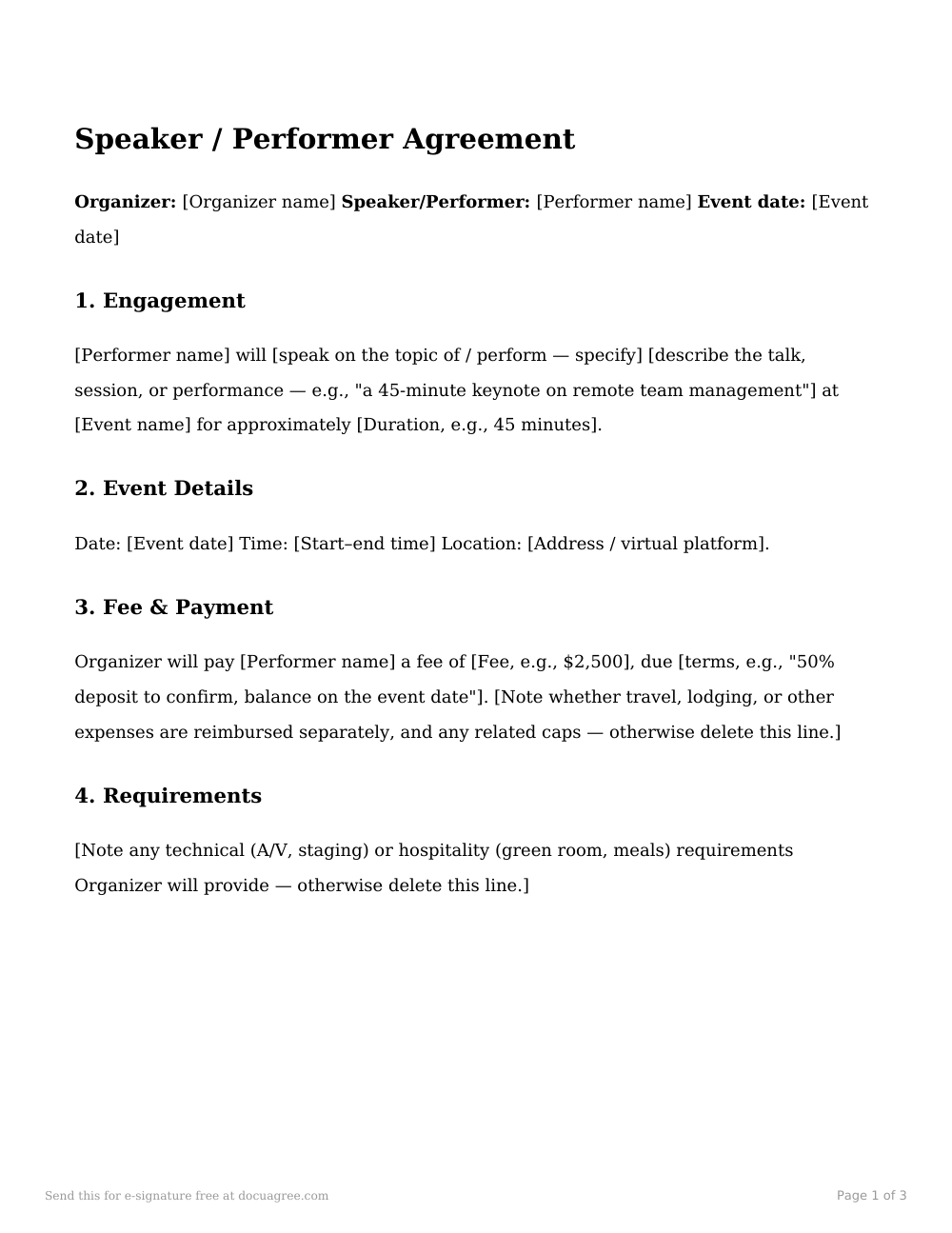 Preview of the first page of the Speaker / performer agreement template
