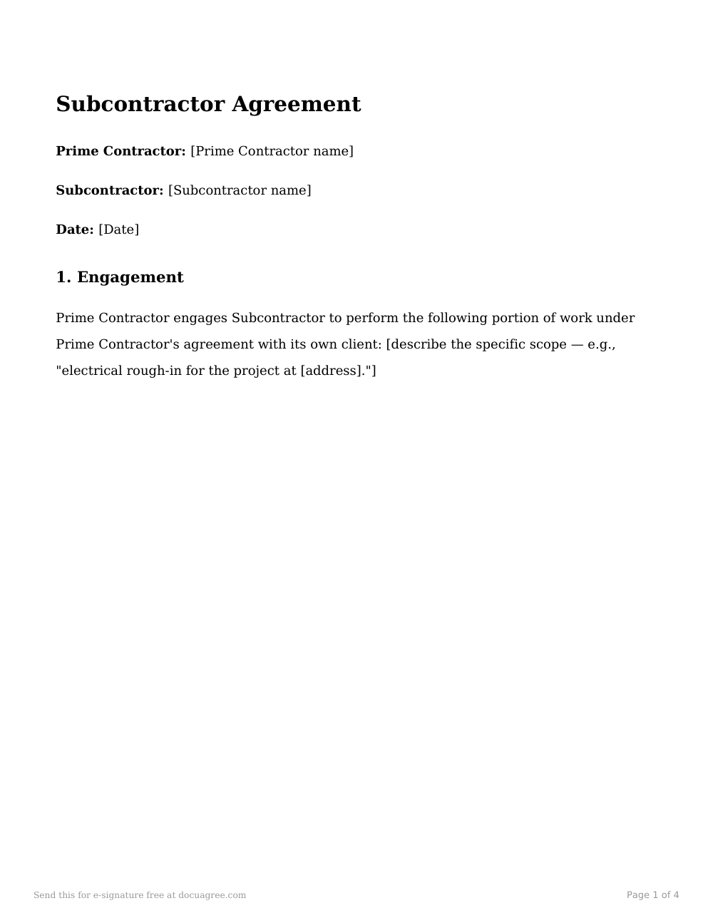 Preview of the first page of the Subcontractor agreement template