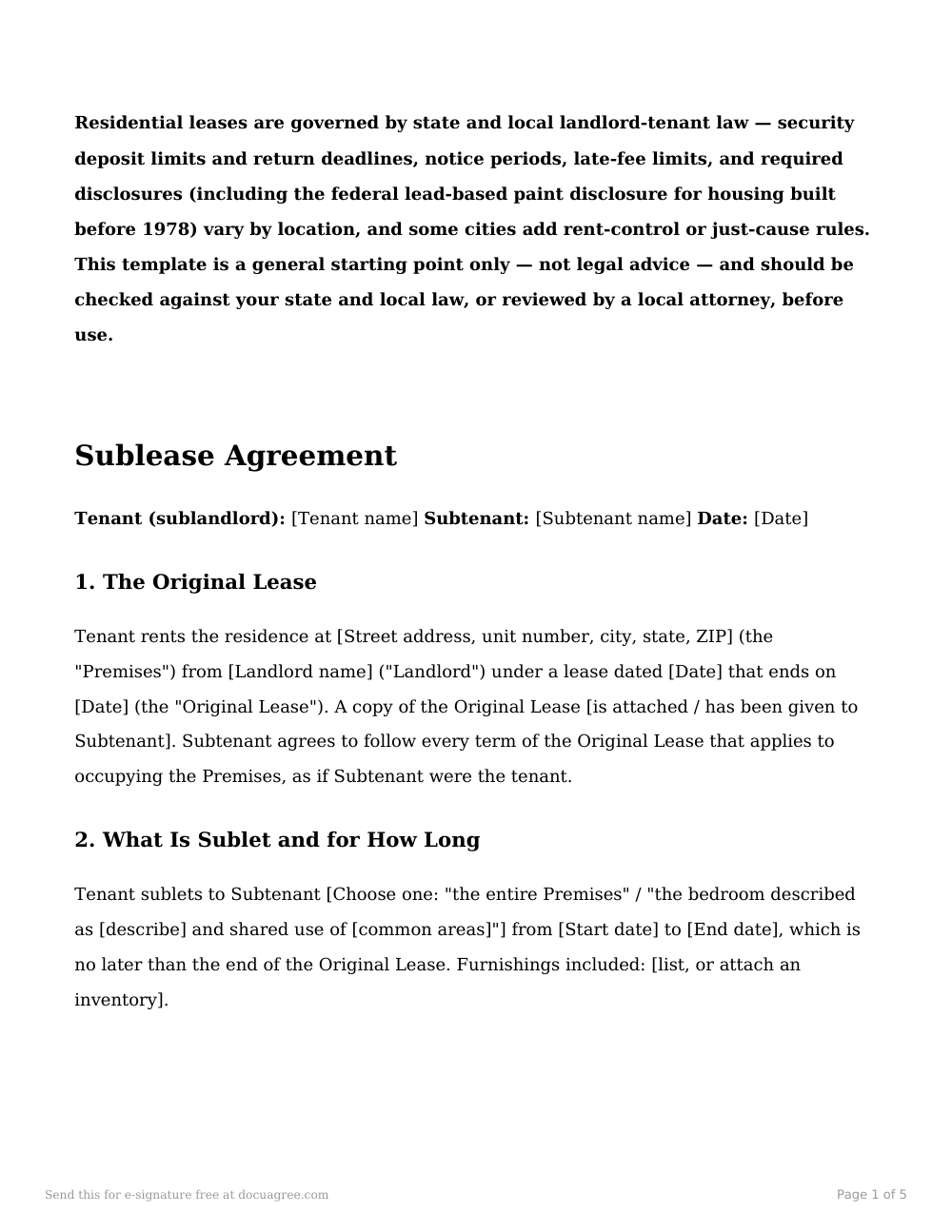 Preview of the first page of the Sublease agreement template