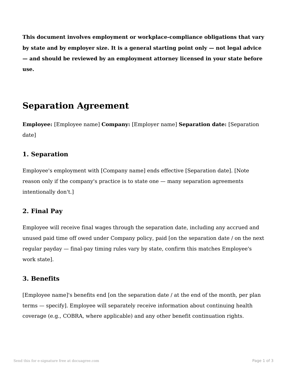 Preview of the first page of the Termination letter / separation agreement template