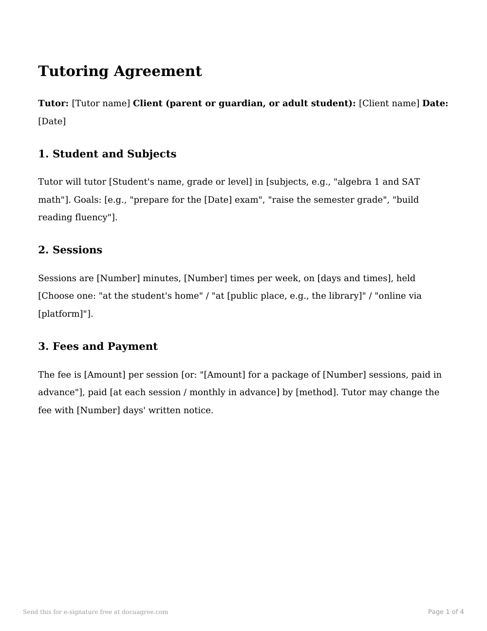 Preview of the first page of the Tutoring agreement template