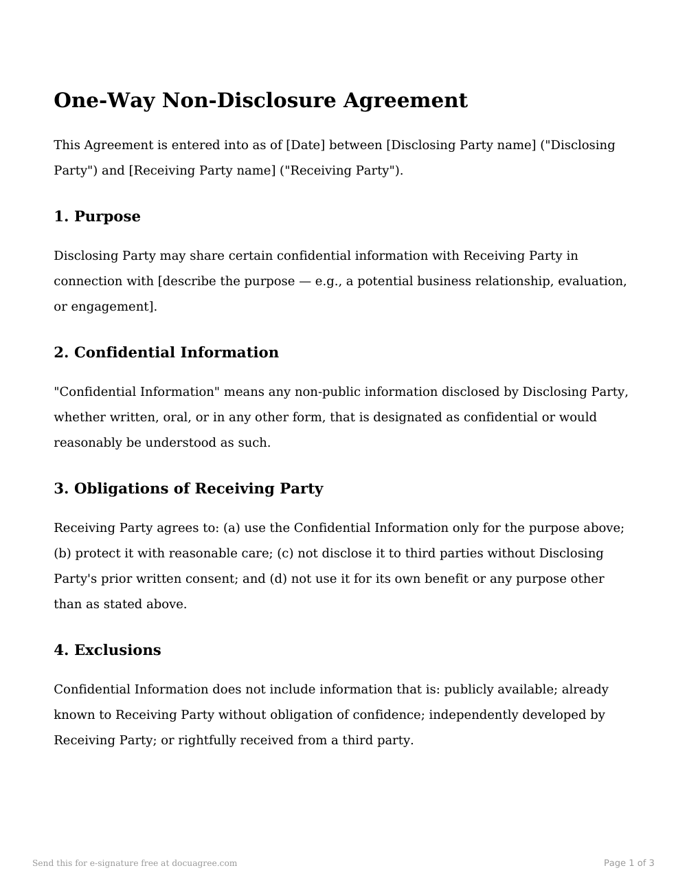 Preview of the first page of the One-way (unilateral) NDA template