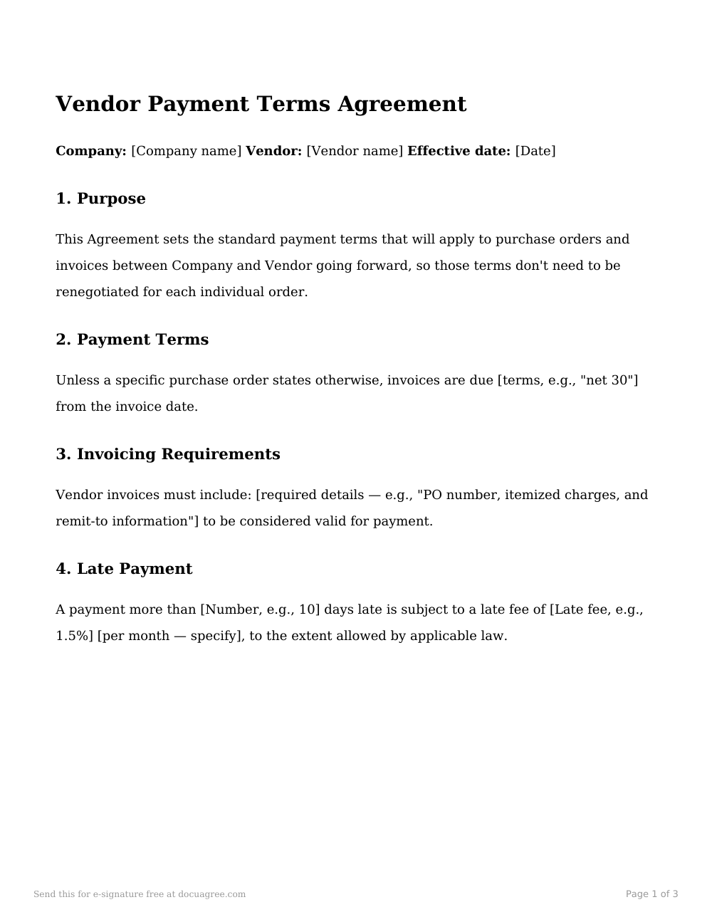 Preview of the first page of the Vendor payment terms agreement template