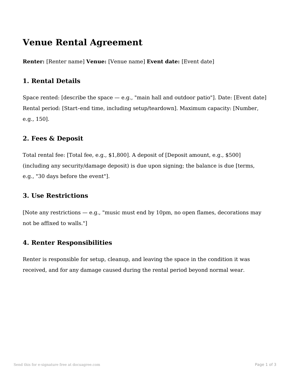 Preview of the first page of the Venue rental agreement template