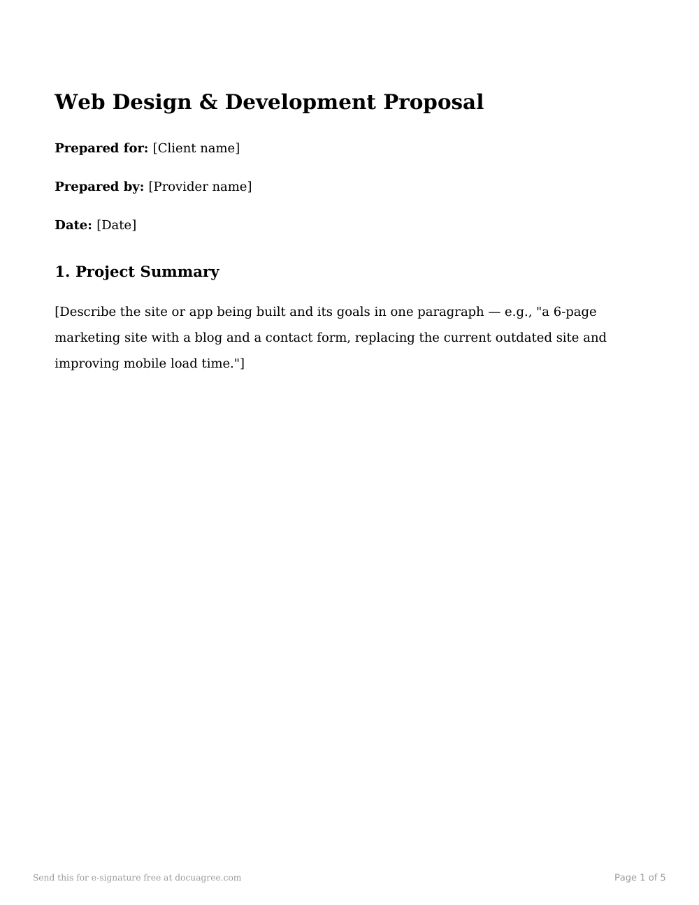 Preview of the first page of the Web design & development proposal template