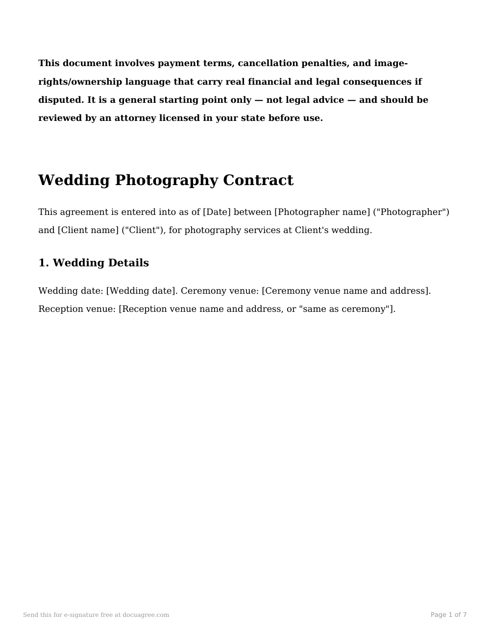 Preview of the first page of the Wedding photography contract template